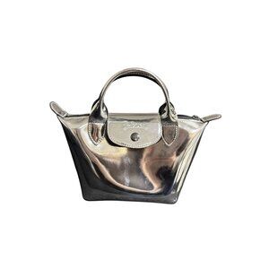 Longchamp Modele Depose Metallic Silver Mini Tote Bag With Top Handles & Zipper